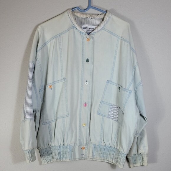 Vintage 80s Women Faded Denim Bomber Jacket Size M Acid Wash Patchwork Grunge - Picture 1 of 15